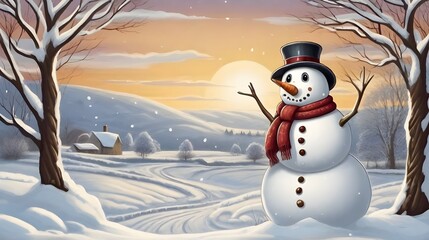 Obraz premium Snowman standing majestically. Winter background landscape with snow. Generative AI