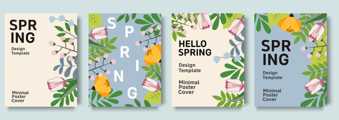 Set of posters designs on the subject of nature, spring, beauty, fashion, natural.  Spring background, cover, sale banner, flyer design. Template for advertising, web, social media. - obrazy, fototapety, plakaty