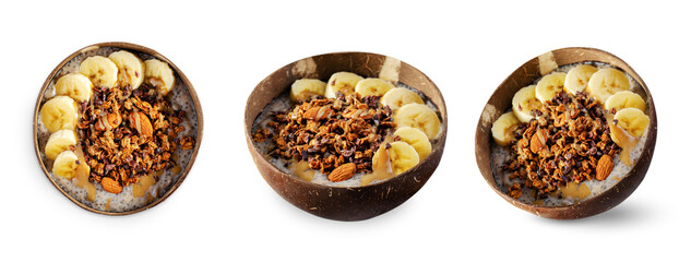 Chia Pudding Bowl with Banana, Granola and Cinnamon, Healthy Breakfast, Vegetarian Food