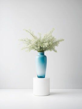 elegante e moderno vaso in vetro colorato con semplici fiori su colonna bianca, sfondo parete bianca