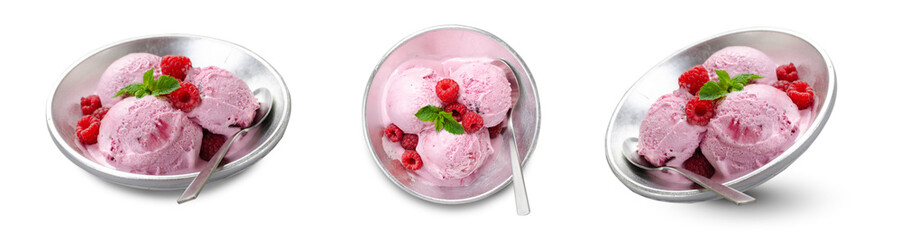 Delicious Raspberry Ice Cream in a Bowl on White Background, Summer Dessert