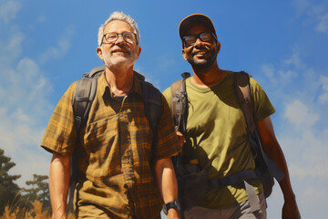 Fototapeta premium Trail of Love: Older Interracial Gay Couple on a Hike