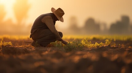 A farmer is tending to his crops in a foggy morning field, wearing a cowboy hat.