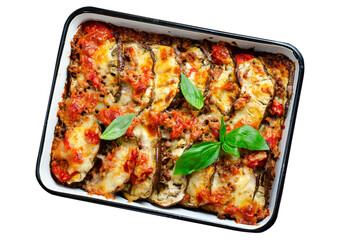 Eggplant Casserole, Roasted Eggplant Dish with Minced Meat, Tomato Sauce and Mozzarella over White Background