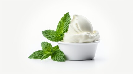 A perfect scoop of vanilla ice cream with a mint leaf, set against a solid white background for a simple yet classic dessert ad.