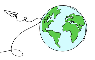 Abstract color planet Earth with paper plane as line drawing on white
