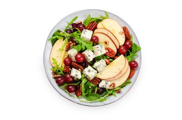 Fresh Apple Salad with Blue Cheese, Grapes, Pecans and Salad Mix, Fall Salad on White Background,...