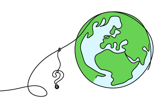 Abstract color planet Earth with question mark as line drawing on white