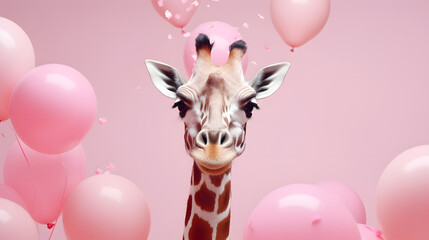 Portrait of a giraffe. Balloons, confetti and fun. Birthday party.
 - obrazy, fototapety, plakaty