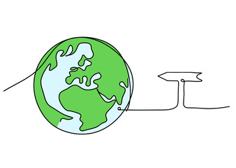 Abstract color planet Earth with direction as line drawing on white