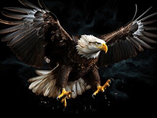 Bald eagle with outstretched wings on a dark background. The concept of freedom.