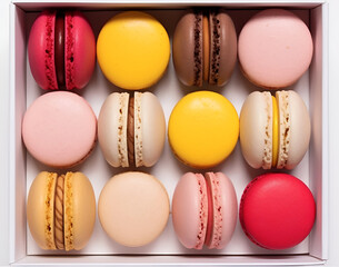 Obraz premium Assorted colorful French macaron cookies in a white box