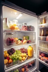 Fridge brimming with wholesome food, fresh vegetables, and fruits, illustrating the concept of proper nutrition, healthy eating, and a balanced lifestyle.