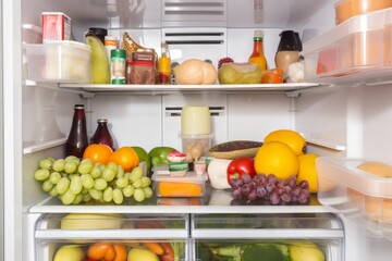Fridge brimming with wholesome food, fresh vegetables, and fruits, illustrating the concept of proper nutrition, healthy eating, and a balanced lifestyle.