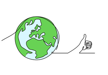 Abstract color planet Earth with hand as line drawing on white
