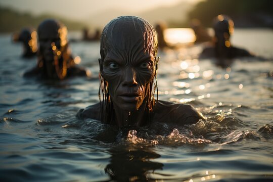 An alien swims in water on Earth, a superhuman phenomenon.