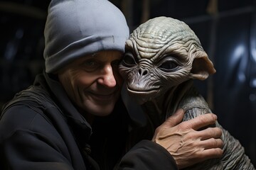 An alien and a human embrace.