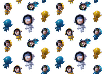 Medium scale Pattern of white, blue and yellow astronauts. 3D render.