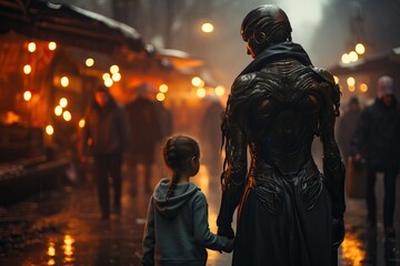 Fototapeta premium An alien creature walks with a human child.