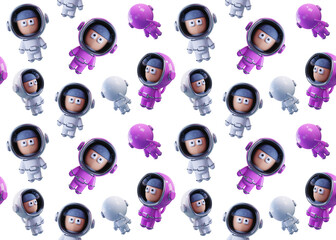 Medium scale Pattern of white and pink astronauts. 3D render.