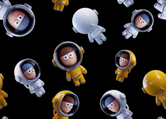 Large scale Pattern of white and yellow astronauts. 3D render.