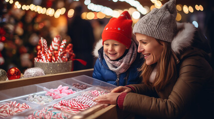 Mother and 5 years old son buying sugar candies on Christmas market or Christmas fair, close up photo of mother and son on winter shopping, European family