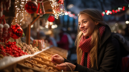 Young woman choosing gifts for Christmas on outdoors Christmas market at counter, European winter holidays, customer at city Christmas fair buying sweet treats, closeup photo