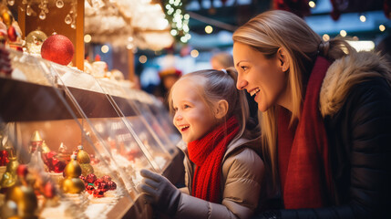 Mother and daughter buying gifts and decorations for Christmas on street market at counter,  family at christmas fair, winter holidays