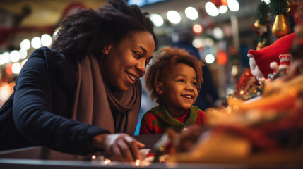 African-American Mother and son looking at Christmas decorations at counter on outdoors Christmas fair, shopping on city Christmas market, closeup photo of family, choosing gifts and for Christmas - obrazy, fototapety, plakaty