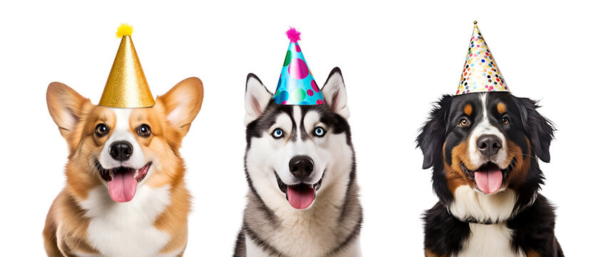 Birthday Hat and Party Hat Set for a Dog, Funny Dogs Included, Isolated on Transparent Background, PNG