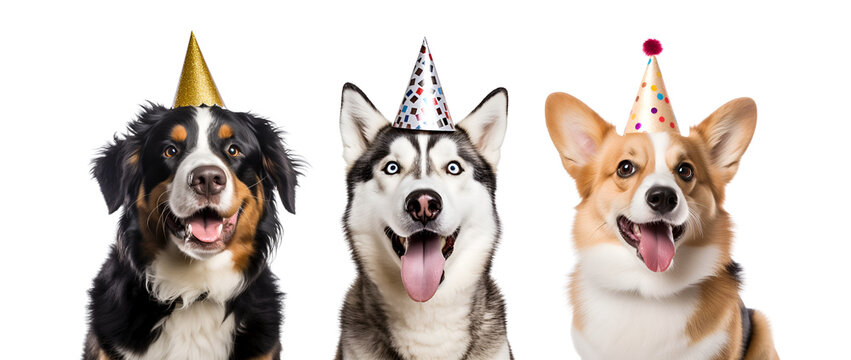 A Set of Funny Dogs with Party Hats and a Dog with a Birthday Hat, Isolated on Transparent Background, PNG