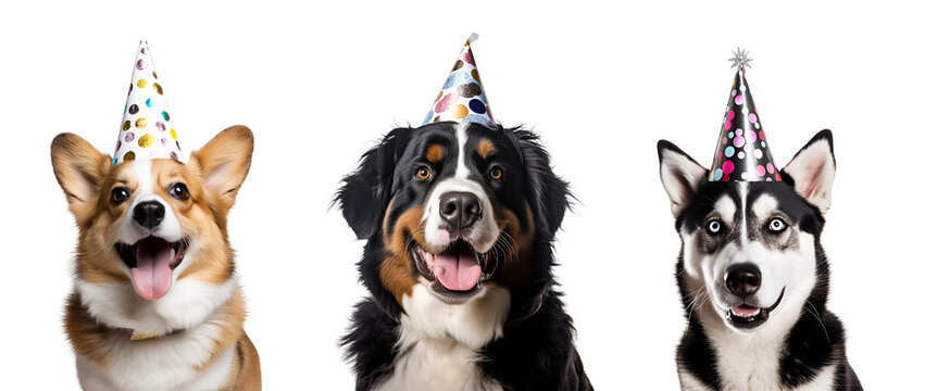 A Dog with a Birthday Hat in a Set with Funny Dogs Wearing Party Hats, Isolated on Transparent Background, PNG