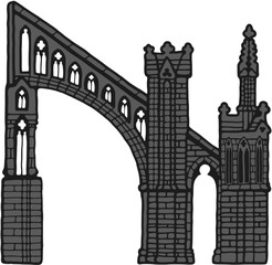 Gothic flying buttress stylized drawing. Architectural stone support; european medieval cathedral/church piers illustration, vector
