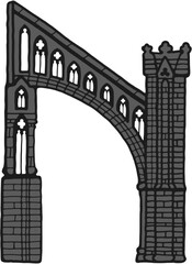 Gothic flying buttress stylized drawing. Architectural stone support; european medieval cathedral/church piers illustration, vector
