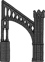 Gothic flying buttress stylized drawing. Architectural stone support; european medieval cathedral/church piers illustration
