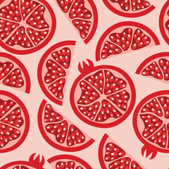 Vector seamless pattern with cut in half pomegranates in flat style