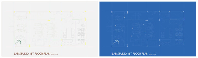 Set of 2 architectural floor plan drawings of lab studio in modern, new and old styles, pastel colors. Template background of blueprint drafting paper by vector 