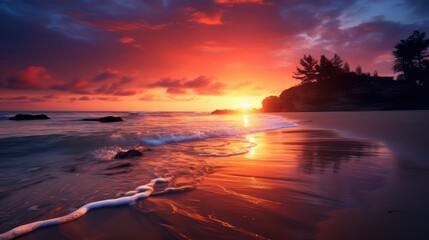 View of the beach, clean and clear wave sea, Sunset golden light sky scene.