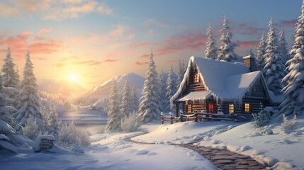 A serene winter landscape with snow-covered trees and a cozy cabin in the woods.