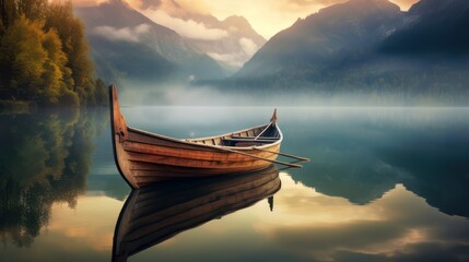 Canoe wooden boat on a calm misty lake in the middle of a mountain forest.