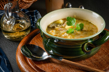 Barley soup with vegetables and chicken.