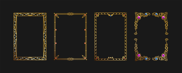 Gold engraved frame inlaid with jewelry stones. Gold frame template in A4 format. Isolated vector set of frames. Abstract geometry, decorative golden frame mockup with pattern. Diploma, certificate. - obrazy, fototapety, plakaty