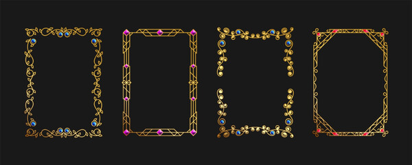 Gold decorative frame, engraved pattern. Vintage frame template, isolated vector set. Gold frame with jewelry stones, A4 format layout, antique, modern. Advertising, booklet, certificate, wedding. © Apoz