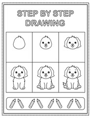 Dog. Book page, drawing step by step. Black and white vector coloring page.