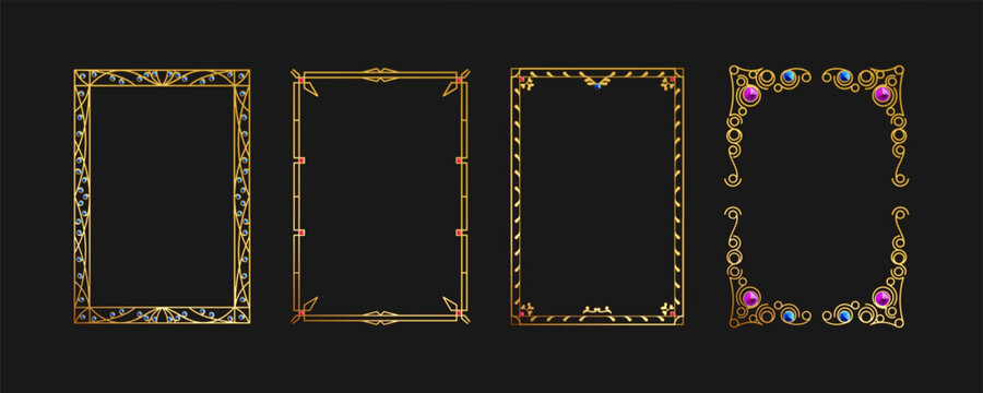 Gold engraved frame inlaid with jewelry stones. Gold frame template in A4 format. Isolated vector set of frames. Abstract geometry, decorative golden frame mockup with pattern. Diploma, certificate.