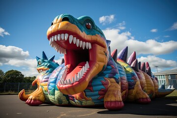 A colorful, inflated dinosaur sculpture under a blue sky