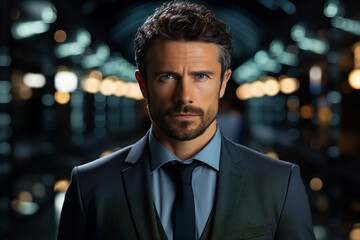 Fototapeta premium Confident man in suit against city lights at night