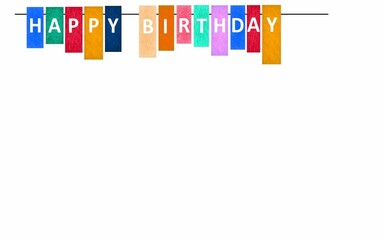 Happy birthday graphic banner card. White background, colorful papers with letters. Empty template. Copy space for more placement of text.