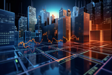 Digital illustration of a futuristic cityscape with financial graphs