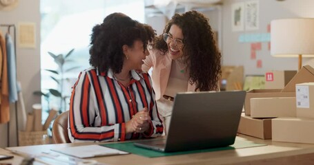 Designer women, high five and teamwork for fashion logistics, laptop and success at workshop for cheers. Small business owner, partnership and computer with clothes, celebration and goals at startup